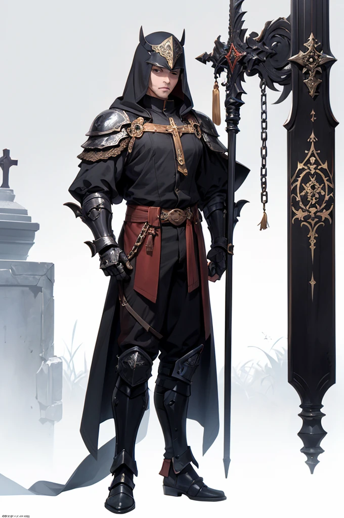 (masterpiece; best quality: 1.2), ((1 man)), ((solo)), (black eyes: 1.4), (body shape; toned, lean, masculine: 1.3), (beautiful and clear background: 1.2), ((depth of field)), (equipment: templar + surcoat with cross + chainmail shirt + closed helmet + gauntlets + sturdy pants + greaves + black cloak : 1.3), (anime illustration: 1.2), (background composition; garden + plants: 1.1), (shot composition; standing + centered on torso + close-up: 1.5)