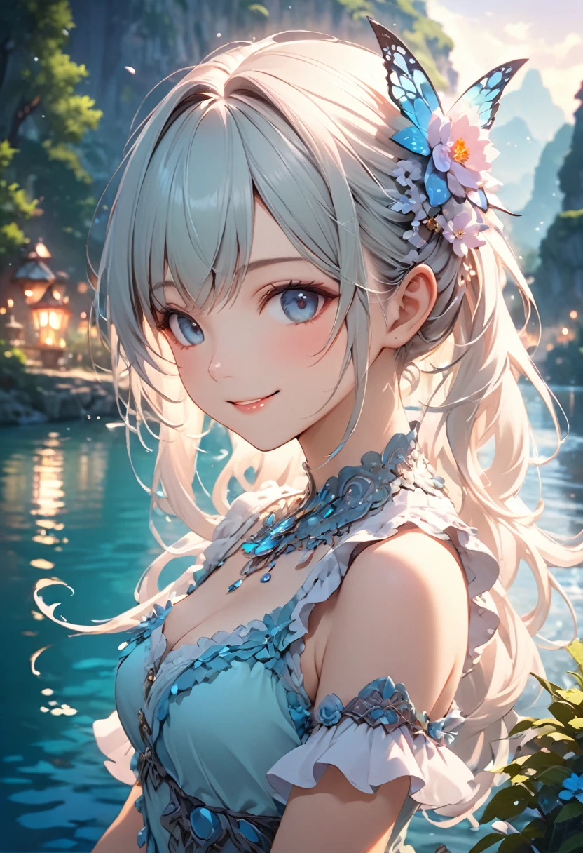 Highest quality, Highest quality, 16K, Unbelievably absurd, Very detailed, 2.5D, delicate and dynamic,pale,Cool colors,A Kind World,River side,Fantasy,One Girl,18-year-old,sexy,smile,Cute,Upper Body