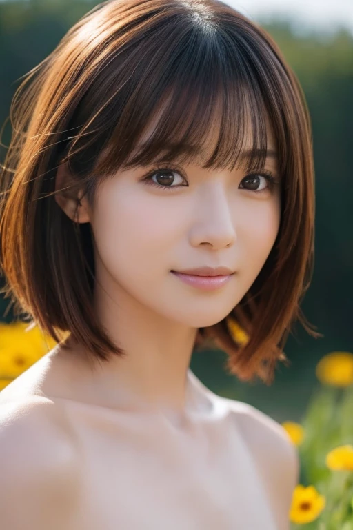 ((Exposing breasts 1.6))),(((Exposing breasts 1.6))),(((Exposing breasts 1.6))),masterpiece, Highest quality, 8k, Absurd, Beautiful medium long bob hair,Woman in her late 20s, That shy expression is cute, (Sensual Style),((Seven episodes were filmed...............1.4)), (Nude 1.5), No makeup, The near road and the far road, Written boundary depth, Surreal, High resolution, photograph, Sharp focus, Face lamp, Dynamic Lighting, highest detailed, ,Extreme detaileds、Super detaileded、detailed、Real Skin、elegant features、Positive and optimistic、(The background is a colorful flower field)