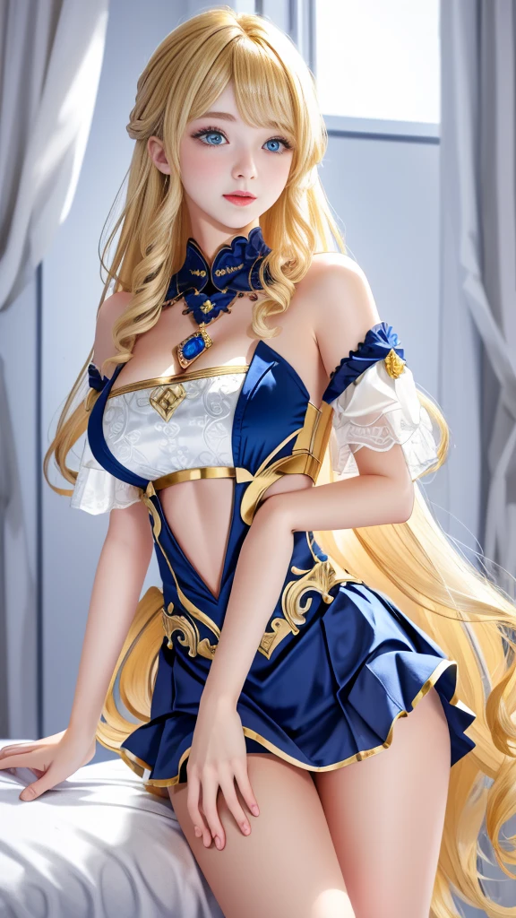 Bob Skirt、、Bright expression、blond,Long hair,curls、Young, glowing, fair skin、best look、blond反射光、耀眼亮点的blond、Shiny blonde hair、Extra long silky straight hair、Beautiful shiny bangs、Luminescence, Crystal clear and charming big blue eyes、Very beautiful and cute 16-year-old girl、Full breasts、High target、Busty Girls Love