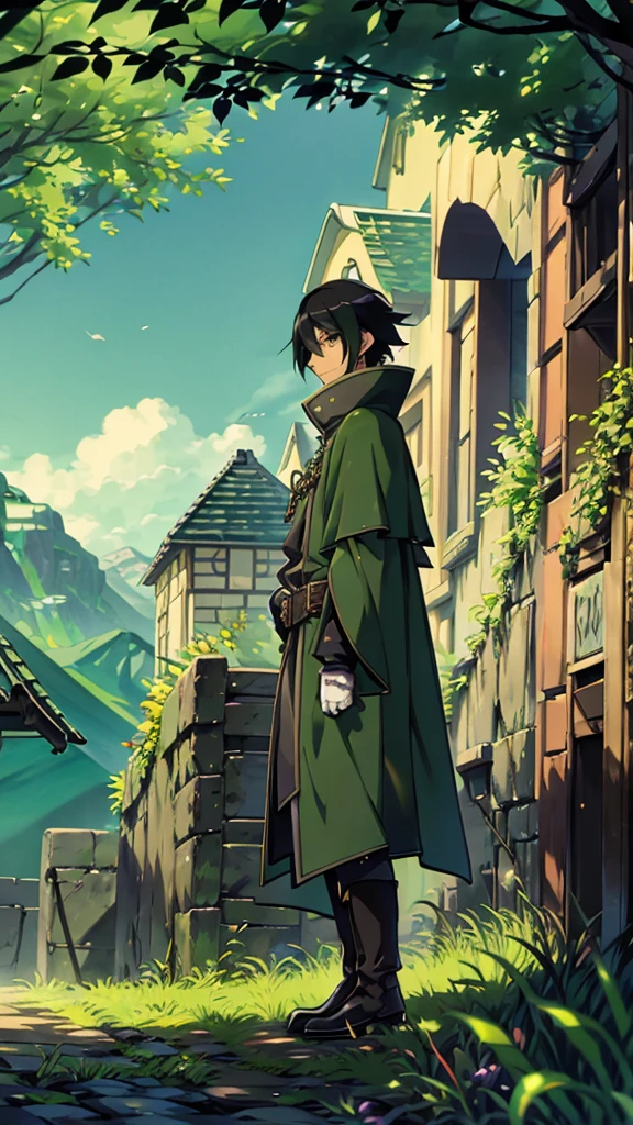 yuichiro hyakuya, (WithoutFear:1), 1 boy, black hair, green eyes, brown coat, gray armor, green shield, green cloak, dark brown gloves, town, white fur trim, tall, anime, standing, good quality, portrait, looking at viewer