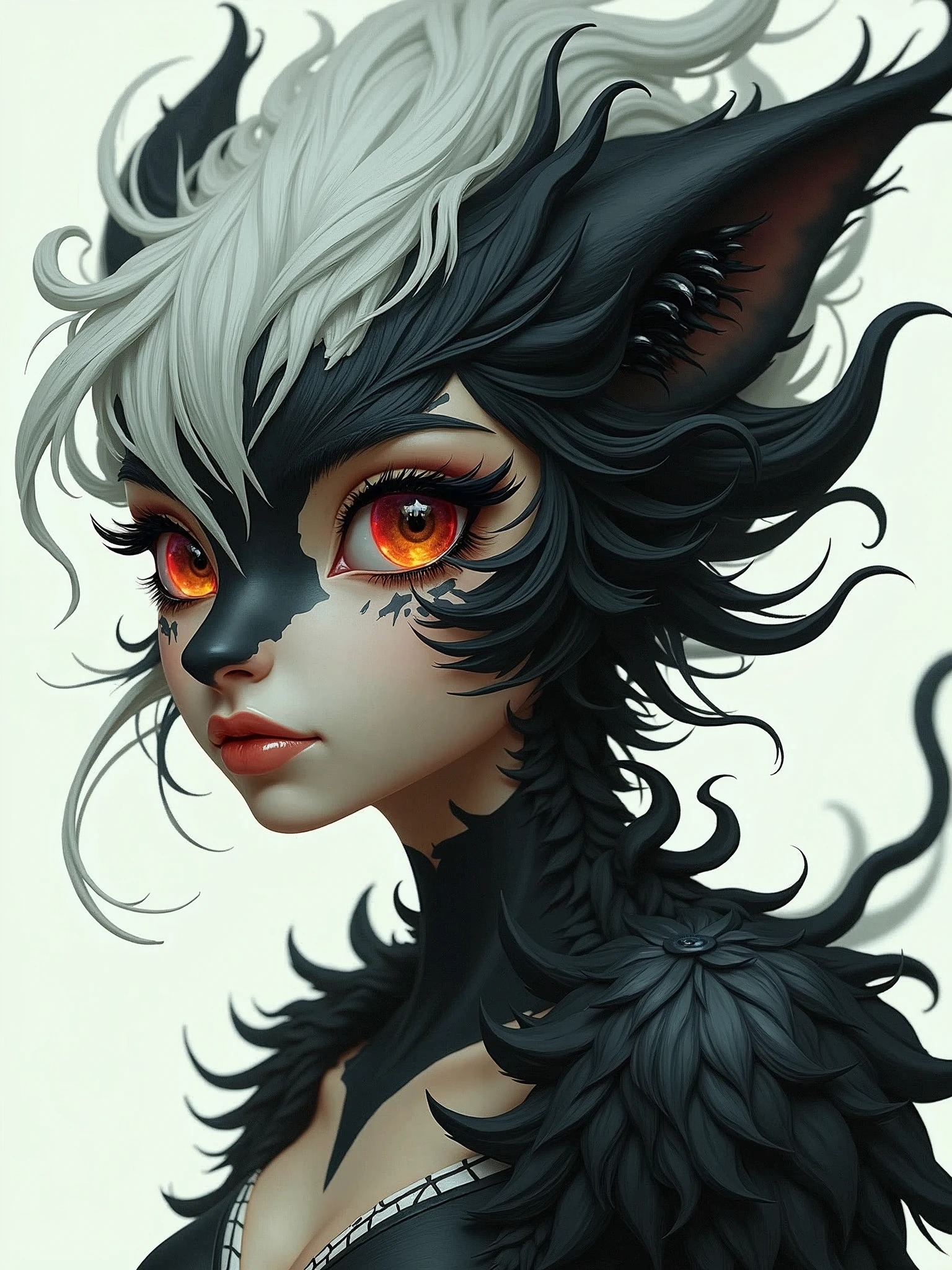 woman,Beast head,Kig animal makeup,Fantasy Creatures,very cute,big eyes,Black and white hair,hairy,Dark Wind,subculture,flirtatious,high brightness,Clean background,HD