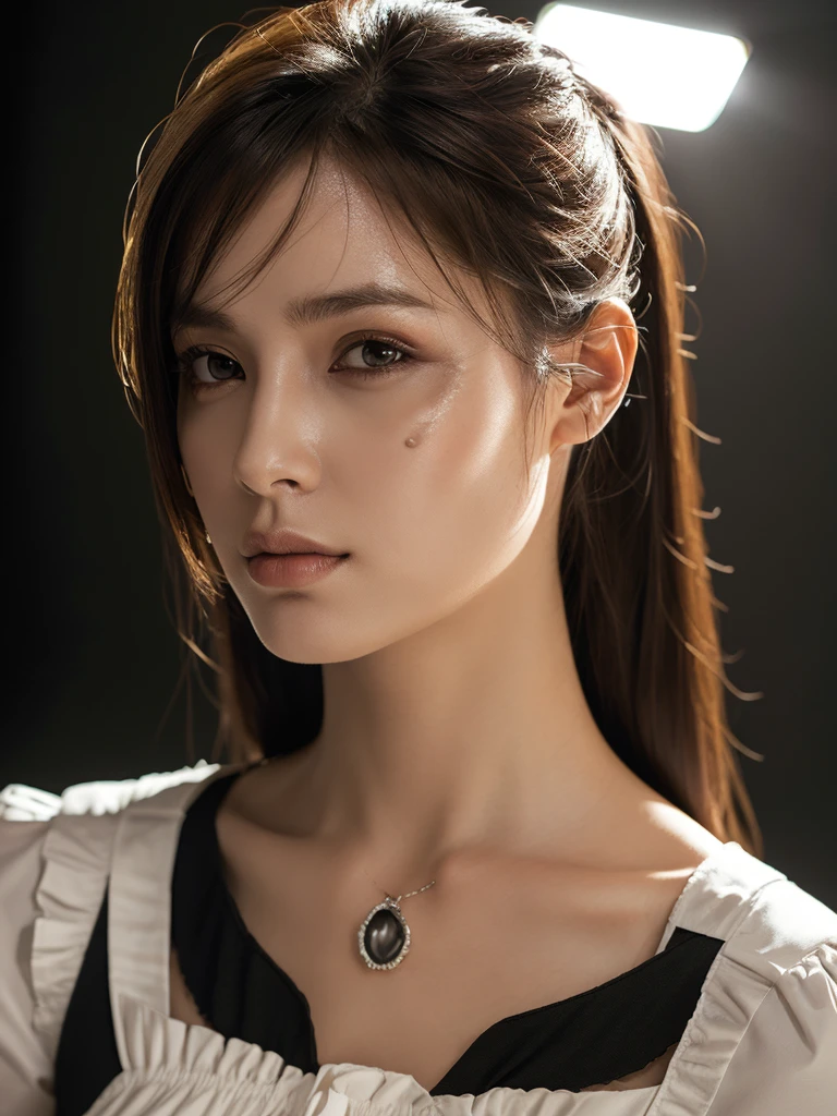 masterpiece, high quality,(Dramatic lighting, Spotlight:1.2), One Woman, (Detailed face, Realistic skin texture, View from the front:1.3), Long Hair, maid, lean forward
