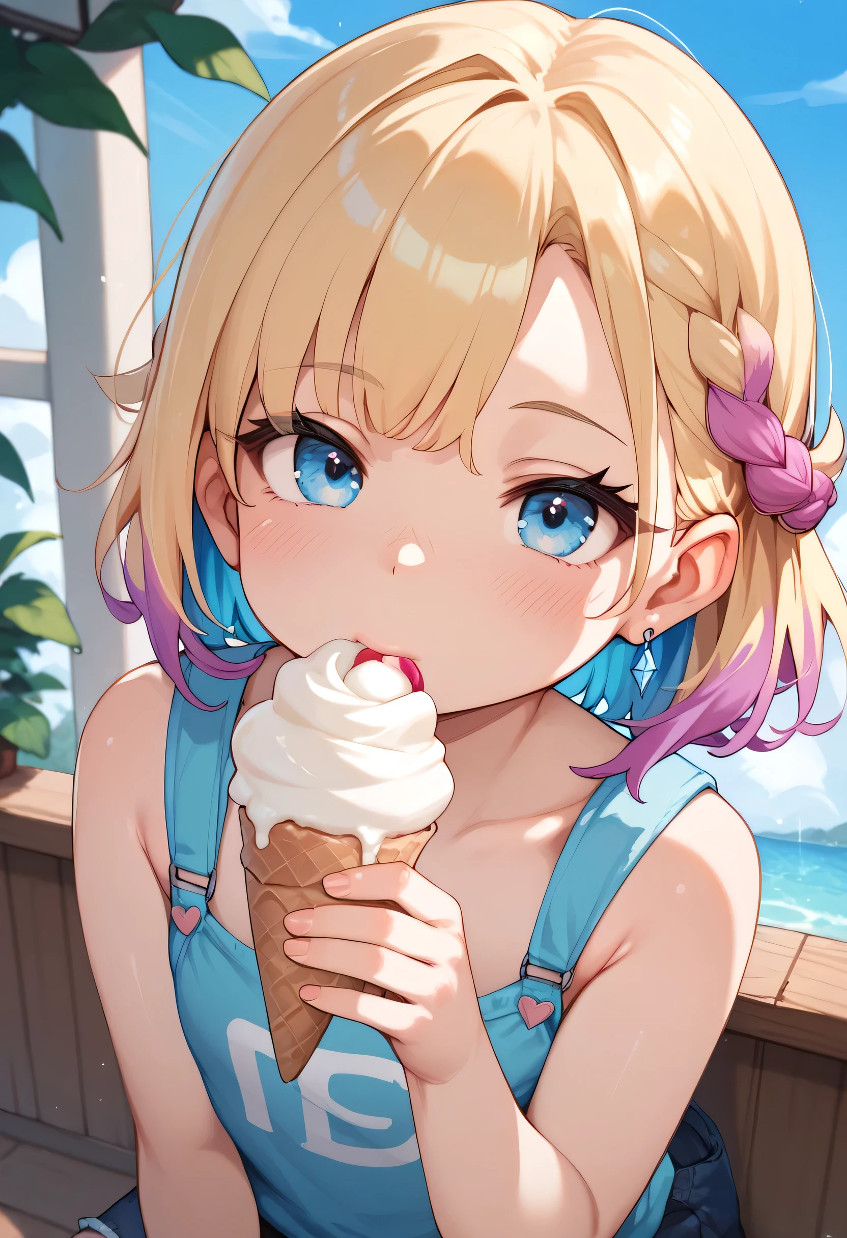 little_girl,_loli_, diabellze, blue eyes, blonde hair, purple hair, multicolored hair, sucking an ice cream in a sexy way