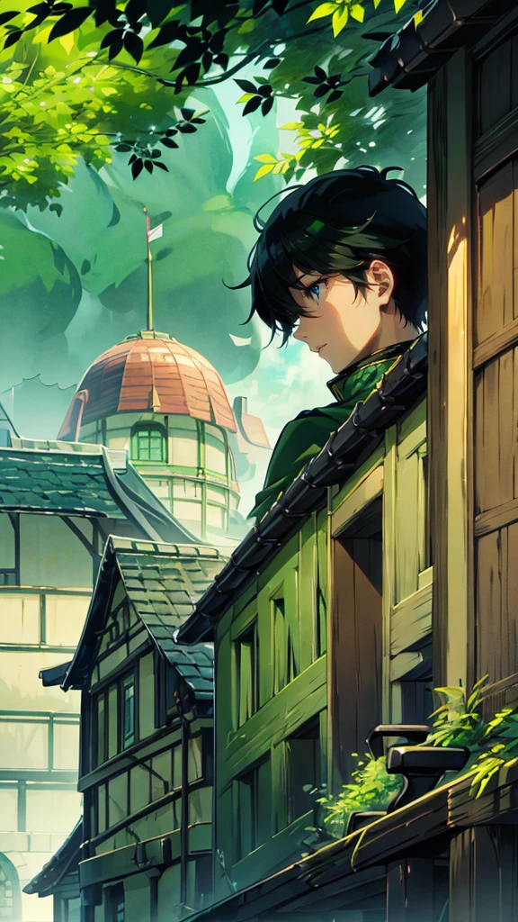 yuichiro hyakuya, (WithoutFear:1), 1 boy, black hair, green eyes, brown coat, gray armor, green shield, green cloak, dark brown gloves, town, white fur trim, tall, anime, standing, good quality, portrait, looking at viewer