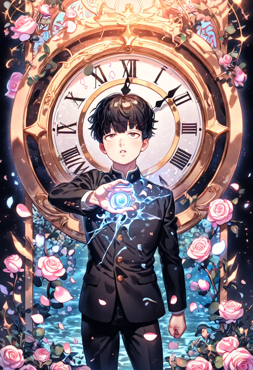 absurdres, highres, ultra detailed, HDR, masterpiece, extremely detailed, Kageyama Shigeo, black hair, expressive brown eyes, Mob Psycho 100, solo, sexy man, handsome, sensual, black uniform, water, magical, fantasy, glittering, shining, pink roses, blossoms, petals, in woderland, clock, manly man