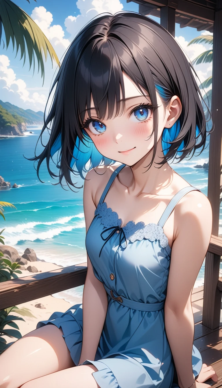 anime girl is sitting on porch, with the ocean and trees behind her, 1girl, solo, dress, outdoors, blue eyes, sitting, looking at viewer, black hair, day, bare shoulders, bare arms, breasts, sleeveless dress, blush, short hair, sleeveless, closed mouth, smile, beach, collarbone, small breasts, colored inner hair, multicolored hair, blue dress , (best quality, masterpiece, ultra-detailed, illustration),(8K wallpaper),(beautiful detailed eyes), beautiful, amazing, detailed eyes, (detailed skin), ai-generated