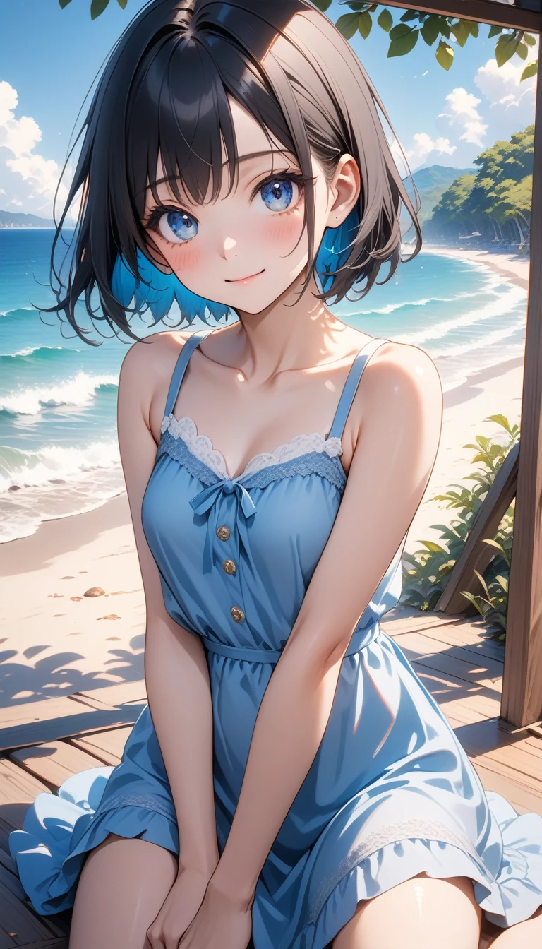 anime girl is sitting on porch, with the ocean and trees behind her, 1girl, solo, dress, outdoors, blue eyes, sitting, looking at viewer, black hair, day, bare shoulders, bare arms, breasts, sleeveless dress, blush, short hair, sleeveless, closed mouth, smile, beach, collarbone, small breasts, colored inner hair, multicolored hair, blue dress , (best quality, masterpiece, ultra-detailed, illustration),(8K wallpaper),(beautiful detailed eyes), beautiful, amazing, detailed eyes, (detailed skin), ai-generated