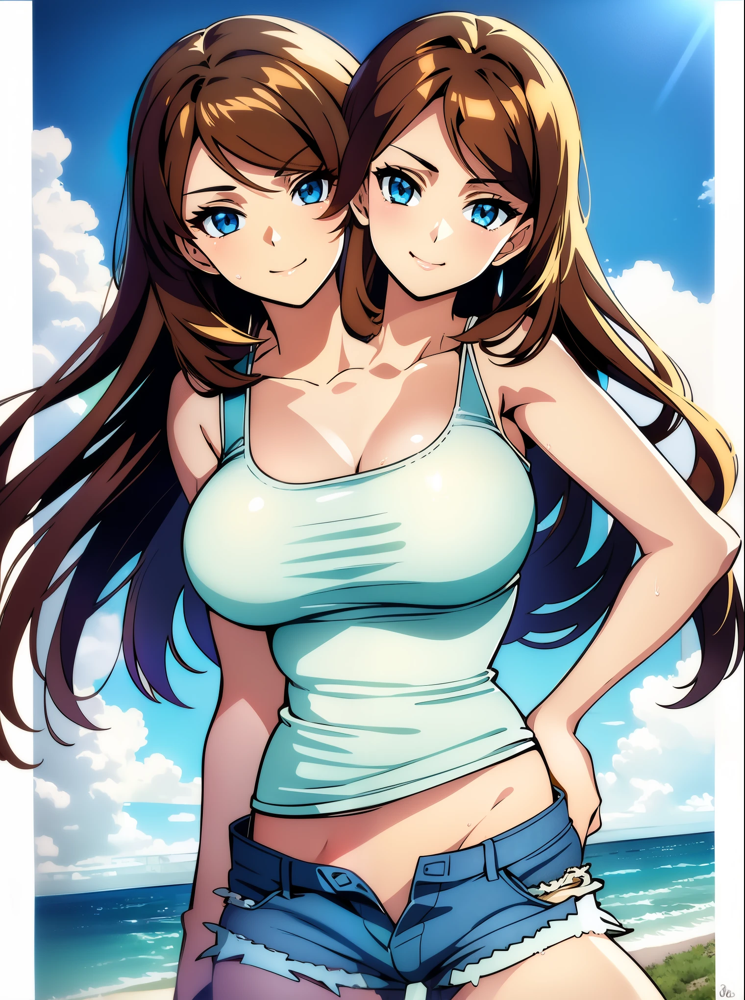 (highest quality, amazing details: 1.25), large breasts, detailed eyes, detailed face, (2heads:1.5), 1girl, anime girl with two heads, tan brown hair color, light blue eyes, seductive, sexy woman, beautiful, ((white tank top)), smiling, exposed midriff, denim jeans