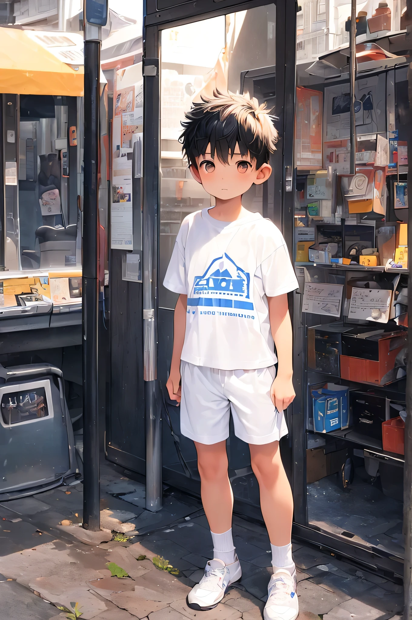 (Shota:1.5),(((Highest quality))),(((masterpiece))),(((Very detailed))),(((High resolution))),One person,T-Shirts,Short shorts,White socks,Blue sneakers,,Japanese,Buzz Cut,Spiked Hair,Black Hair,Three white eyes,Baby Face,Beautiful face,