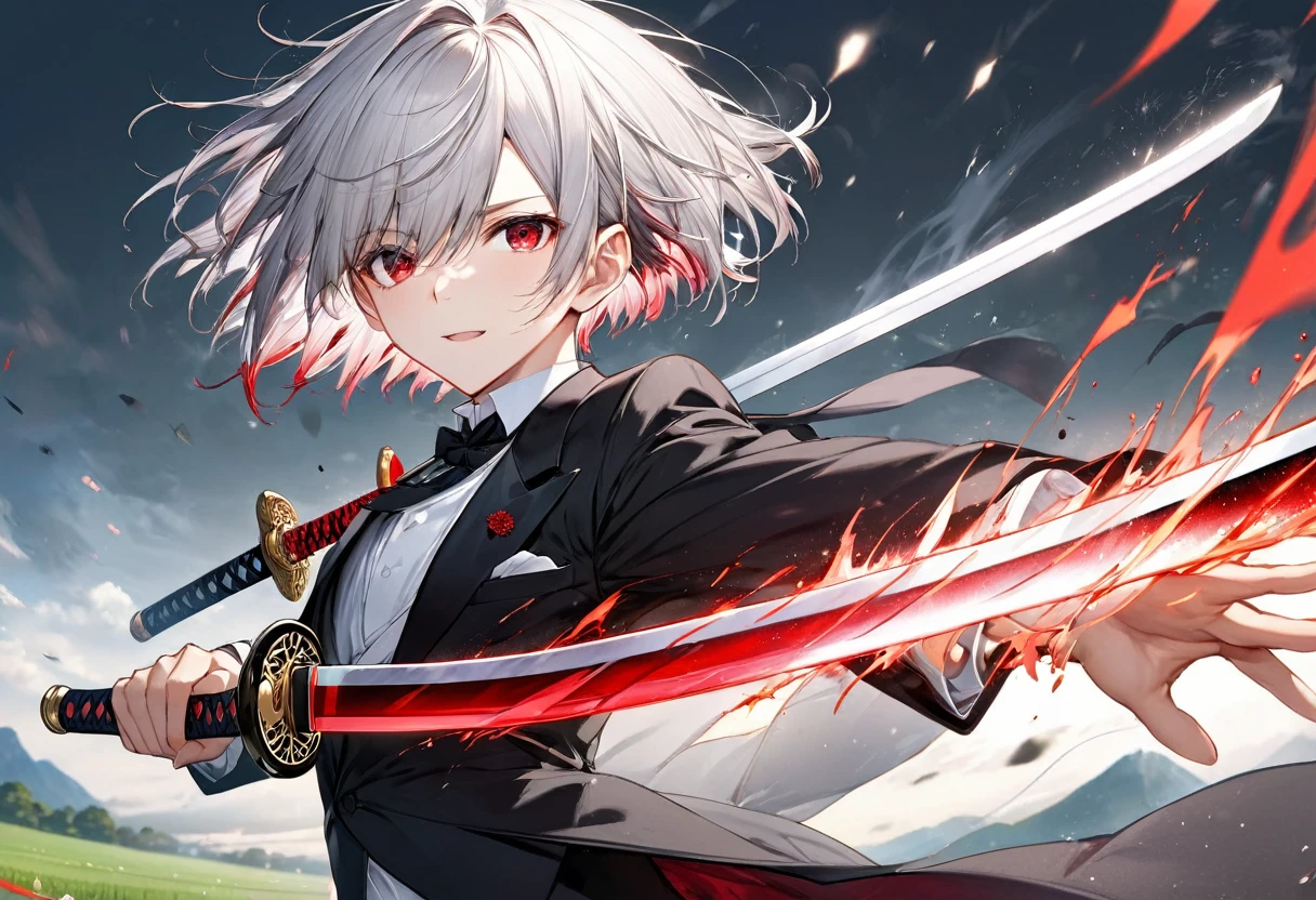 (hard battle style) (hand holding japanese long sword) (long sword with double exposure frame), (best quality pose Ready sword) (solo:2, 16 yo) (detailed cool crew cut silver hair very short hair) (smart divine sword fighter boy) (detailed cool red eyes) (cool serious face), in a butler suit with wind effect, break, in the battle open field, background black, BREAK, perfect anatomy, masterpiece, best quality, 16k, beautiful detailed grow, daydreaming expression.