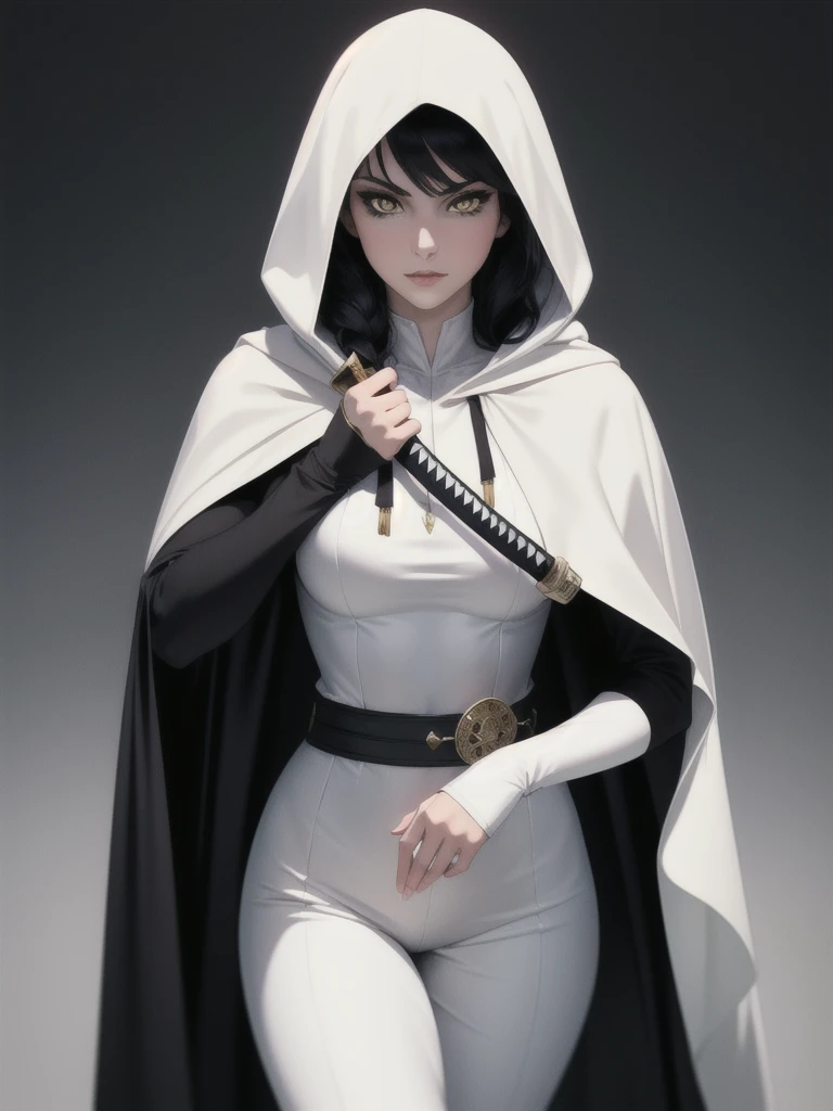 portrait, masterpiece, excellent quality, 1 girl, Alone, Complex details, color diffusion, Prince, White skin, women, by white, by white, gold eyes, epic outfit, assassin suit, Covered, Cloak, hooded, katana, Awesome, trends, Prince Demonio, anti-hero, young, Science fiction, fancy, capa negra by white.