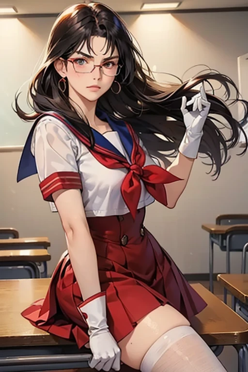 A dark-haired, freckled, glasses-wearing mature woman dressed as Sailor Mars in white gloves and red high heels, wearing a displeased expression in the classroom　Thick eyebrows