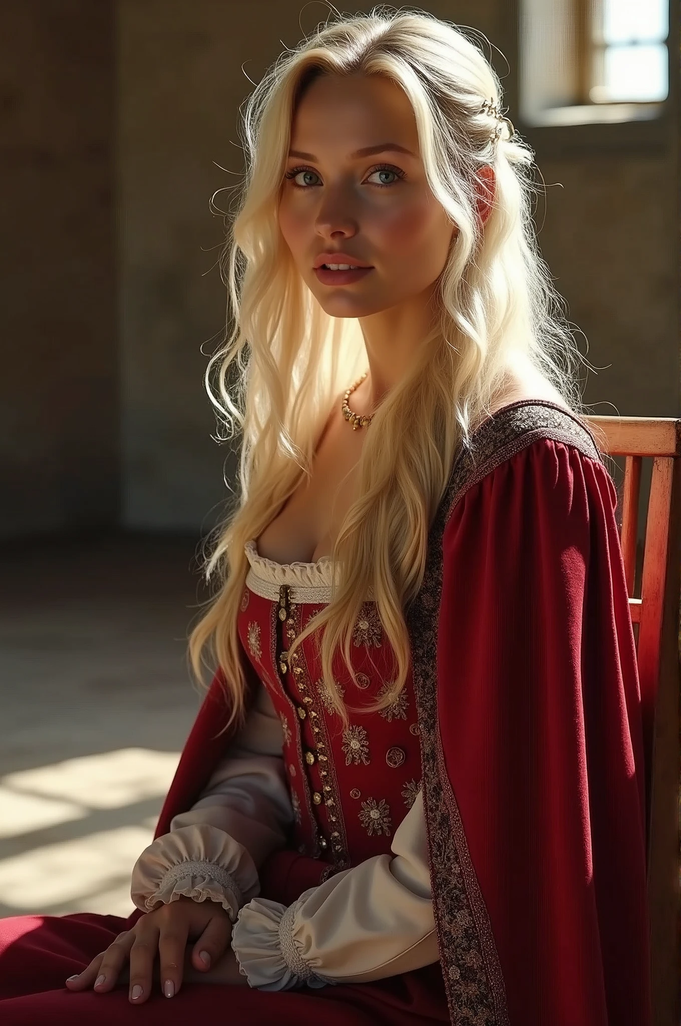 wrc style, beautfull woman, blond, sitting down, royal outfit, real camera, medieval scenery