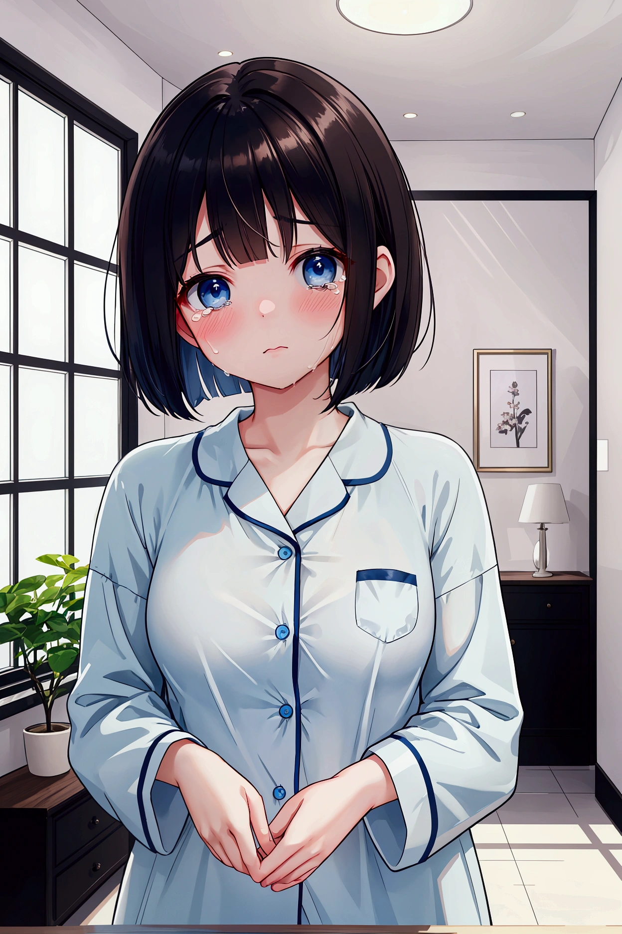 Photorealistic、Highest quality、Highest Resolution、Highest quality、16K、A beautiful woman who looks like she's about to cry、Cute face、Delicate face、sad、Bob cut hair、Dark Hair Color、Pale blue eyes、Beautiful breasts、Inside the house、pajamas、
