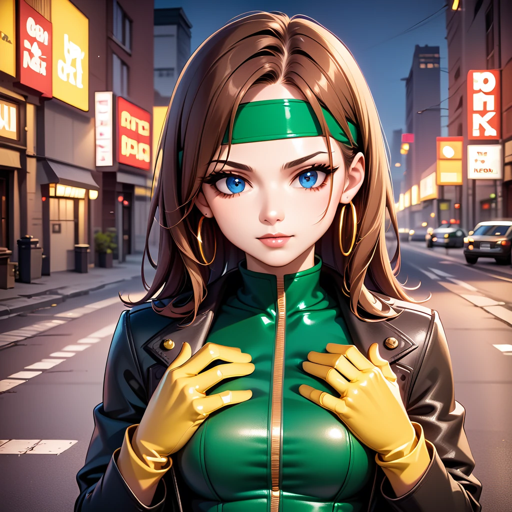 

"Create an AI-generated image of a young woman with striking blue eyes and long, wavy white and brown hair, resembling Rogue from X-Men. She is wearing a form-fitting yellow and green suit with a black X emblem on the chest and a brown leather jacket with a high collar. The suit has a glossy, latex-like texture, emphasizing her fit physique. She also has a green headband, gold hoop earrings, and yellow gloves. The background is an urban street scene with buildings and cars, capturing the feel of a bustling city environment. Enhance the image with high-definition details, artificial lights, and shadows. The overall style should be comic book-inspired, reflecting the high quality and vibrant aesthetics of the X-Men universe."

