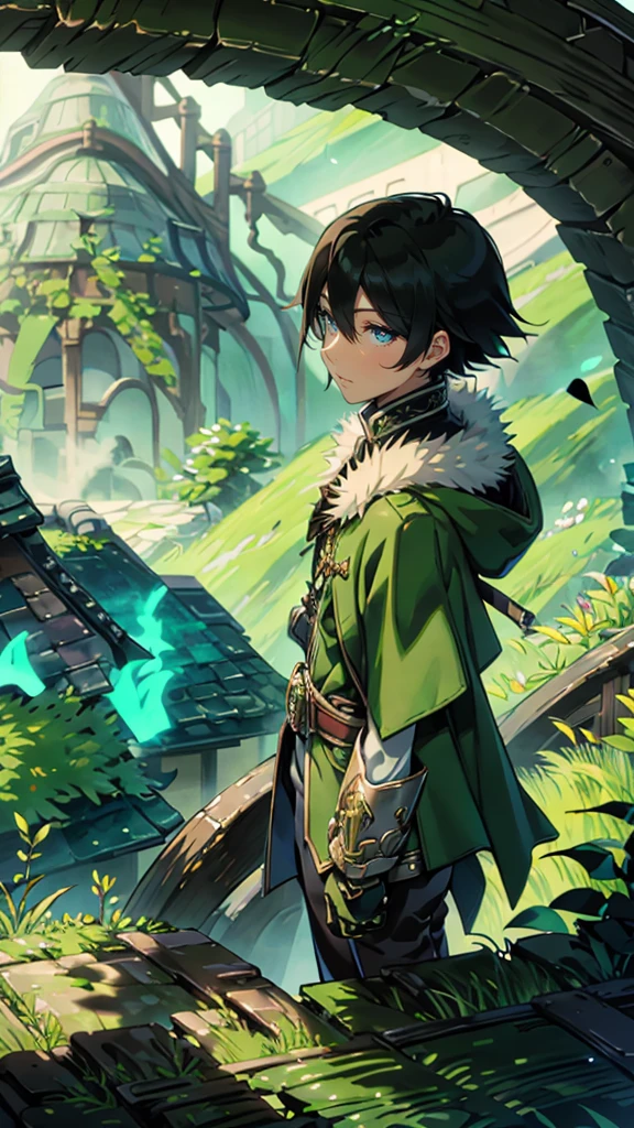 yuichiro hyakuya, (WithoutFear:1), 1 boy, black hair, green eyes, brown coat, gray armor, green shield, green cloak, dark brown gloves, town, white fur trim, tall, anime, standing, good quality, portrait, looking at viewer