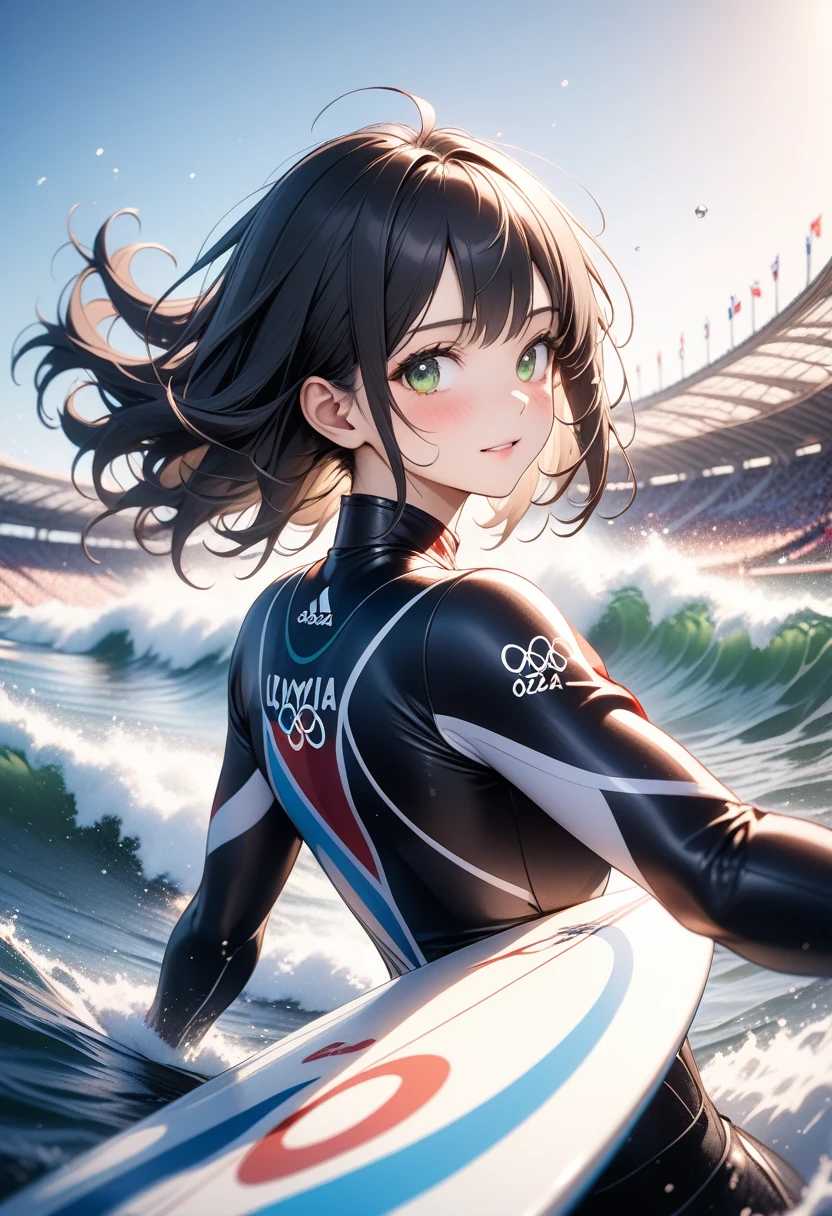 (masterpiece), (64k), intricate details, (highly detailed), photorealistic, cinematic lighting, shading, (best quality), absurd, (ultra high-resolution), ultra-detailed, cgi, (lineart), (depth of field), light particles, (hyper detailed), elaborated features, (volumetric lighting), BREAK
1woman, riding on a surfboard, hand on wave, very big wave, (((olympic games, paris 2024, five olympic circles))), long black hair, messy hair, green eyes, bright pupils,
(unparalleled beauty:1.5), back view, portrait ,(blush:1.2, expression of a girl in love:1.3), sharp focus, perfect hands, perfect light,, ai-generated,