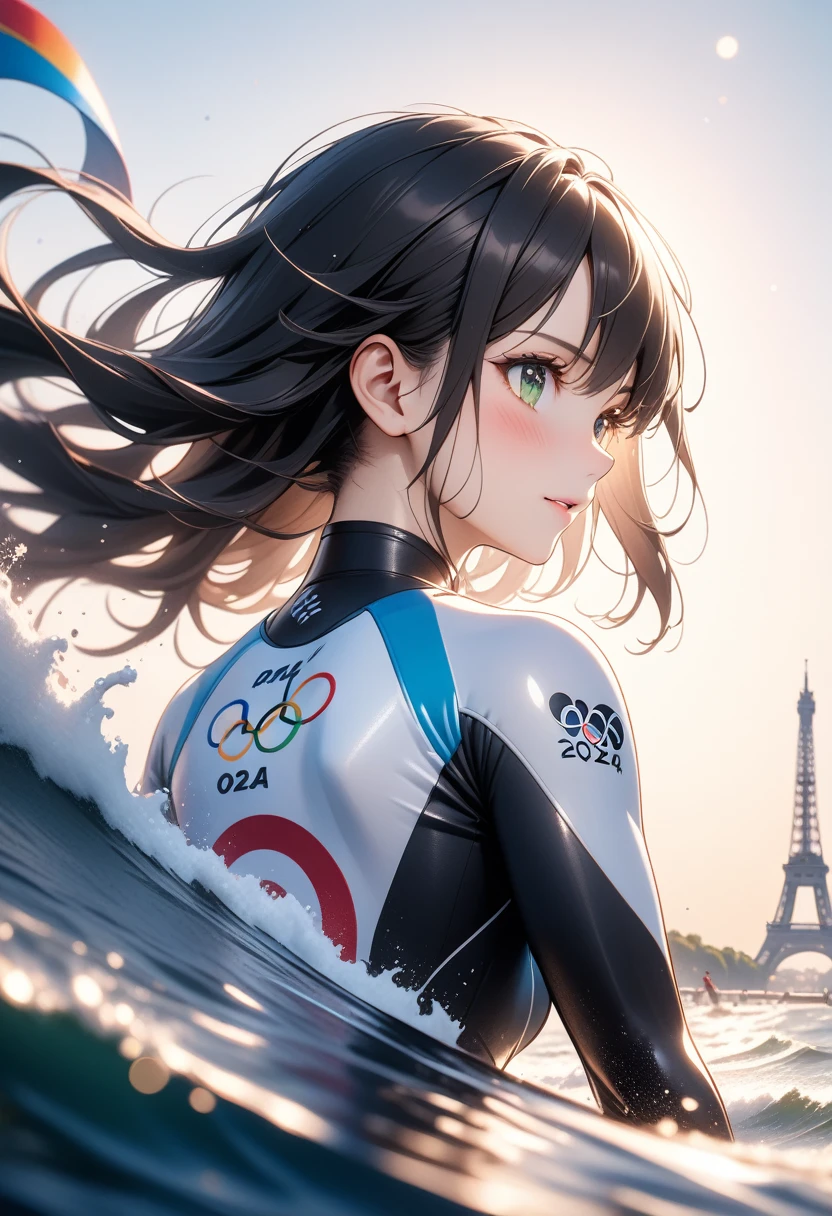 (masterpiece), (64k), intricate details, (highly detailed), photorealistic, cinematic lighting, shading, (best quality), absurd, (ultra high-resolution), ultra-detailed, cgi, (lineart), (depth of field), light particles, (hyper detailed), elaborated features, (volumetric lighting), BREAK

1woman, riding on a surfboard, hand on wave, very big wave, (((olympic games, paris 2024, five olympic circles))), long black hair, messy hair, green eyes, bright pupils, 

(unparalleled beauty:1.5), back view, portrait ,(blush:1.2, expression of a girl in love:1.3), sharp focus, perfect hands, perfect light,, ai-generated,