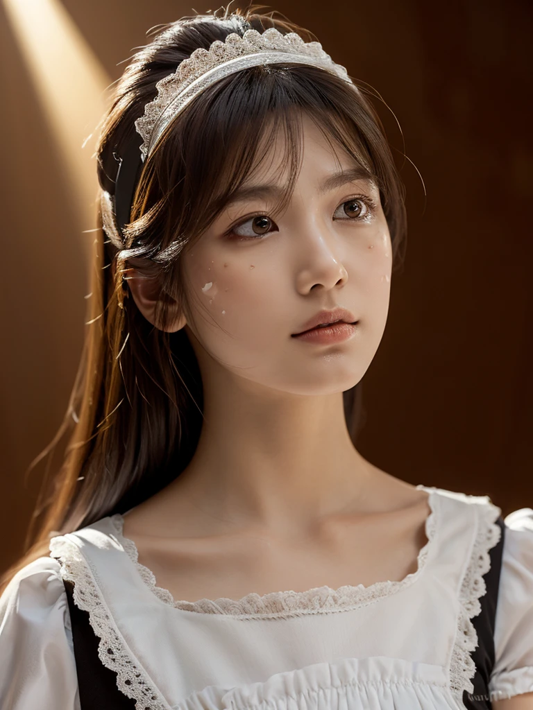 masterpiece, high quality,(Dramatic lighting, Spotlight:1.2), One Woman, (Detailed face, Realistic skin texture:1.3), Long Hair, Maid clothes, lean forward , View from the front