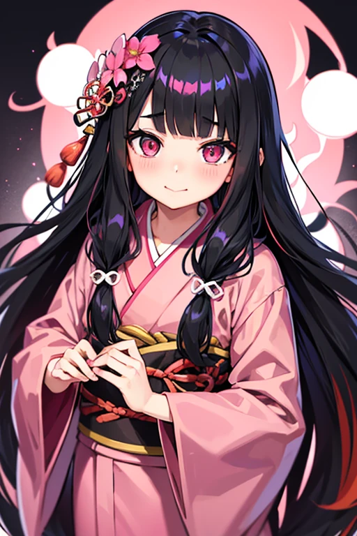 nezuko, 1 girl, Bblack hair, brow, hair cinta, Japanese clothing, kimono, long hair, multicolored hair, gaping mouth, pink eyes, pink kimono, pink cinta, cinta, ssmile, very long hair, looking ahead at viewer