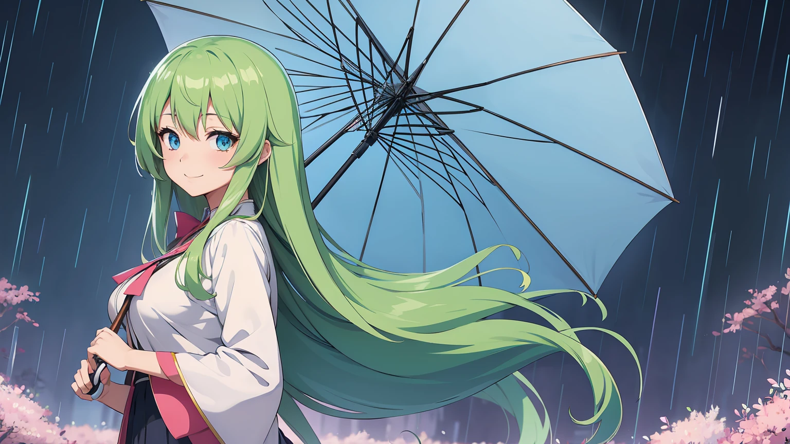 anime girl with umbrella in the rain, anime art wallpaper 4k, anime art wallpaper 4 k, anime style 4 k, anime wallpaper 4 k, anime wallpaper 4k, 4 k manga wallpaper, anime art wallpaper 8 k, 4k anime wallpaper, anime wallaper, beautiful anime high school girl, beautiful anime art style, hd anime wallaper, beautiful anime, long green hair, blue eyes, big breast, large breast, shy smile, bright color