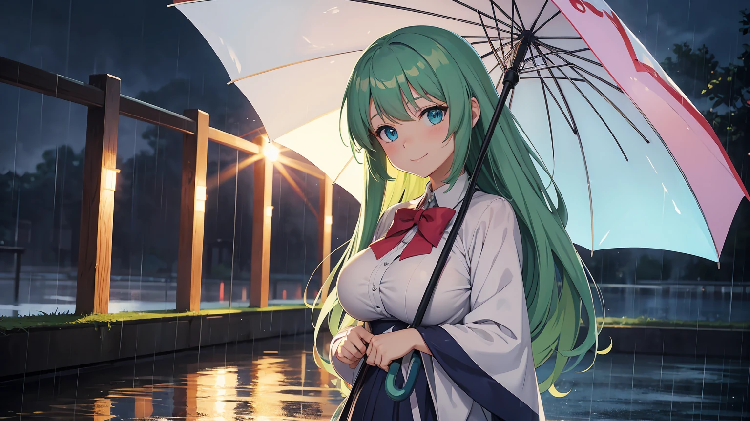 anime girl with umbrella in the rain, anime art wallpaper 4k, anime art wallpaper 4 k, anime style 4 k, anime wallpaper 4 k, anime wallpaper 4k, 4 k manga wallpaper, anime art wallpaper 8 k, 4k anime wallpaper, anime wallaper, beautiful anime high school girl, beautiful anime art style, hd anime wallaper, beautiful anime, long green hair, blue eyes, big breast, large breast, shy smile, bright color