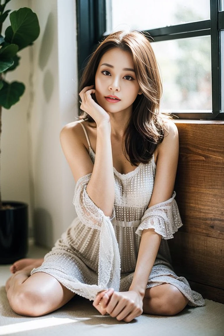 Dark brown hair、Light brown eyes、Japanese actress、 Lady、I am about 40 years old...、(Intricate details:1.2)、(Which is higher???:1.4)、 (Ultra-high resolution:1.2)、Ultra-high resolution、(fine adjustment)、(Detailed facial features)、Hmph、8k解像度、D cup size breasts、Long Hair、Large windows、Extravagant space、relax、、,Full body photo、Head to toe shot、Beautiful feet、Camisole dress、Beautiful feet、A refreshing room filled with sunlight、she, household items,   (plant:0.8), Fashion Hub, Extremely detailed, Very detailed, Realistic, Hourglass Shaped Body, Obscene pose,、、私 cry a lot、tears、person on the left、White wall、White floor、diagonally from below、please lift your chin、Press your butt against the wall、relaxした表情、Pose of Weakness、(auraroid photo:1.2)、From outside the window、Transparent painting、8k、32K、Highest quality、(Details of both eyes)、1 girl、elegant、(Loose dress :1.4)、sunset、sit、(Low - Angle、I looked up and saw this:1.2)、Hilarious、Leaning against a wall、Looking into the camera、