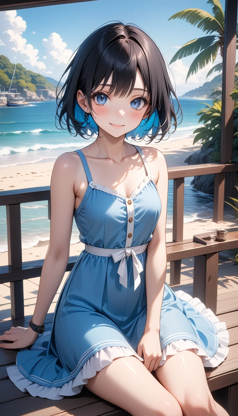 anime girl is sitting on porch, with the ocean and trees behind her, 1girl, solo, dress, outdoors, blue eyes, sitting, looking at viewer, black hair, day, bare shoulders, bare arms, breasts, sleeveless dress, blush, short hair, sleeveless, closed mouth, smile, beach, collarbone, small breasts, colored inner hair, multicolored hair, blue dress , (best quality, masterpiece, ultra-detailed, illustration),(8K wallpaper),(beautiful detailed eyes), beautiful, amazing, detailed eyes, (detailed skin), ai-generated,