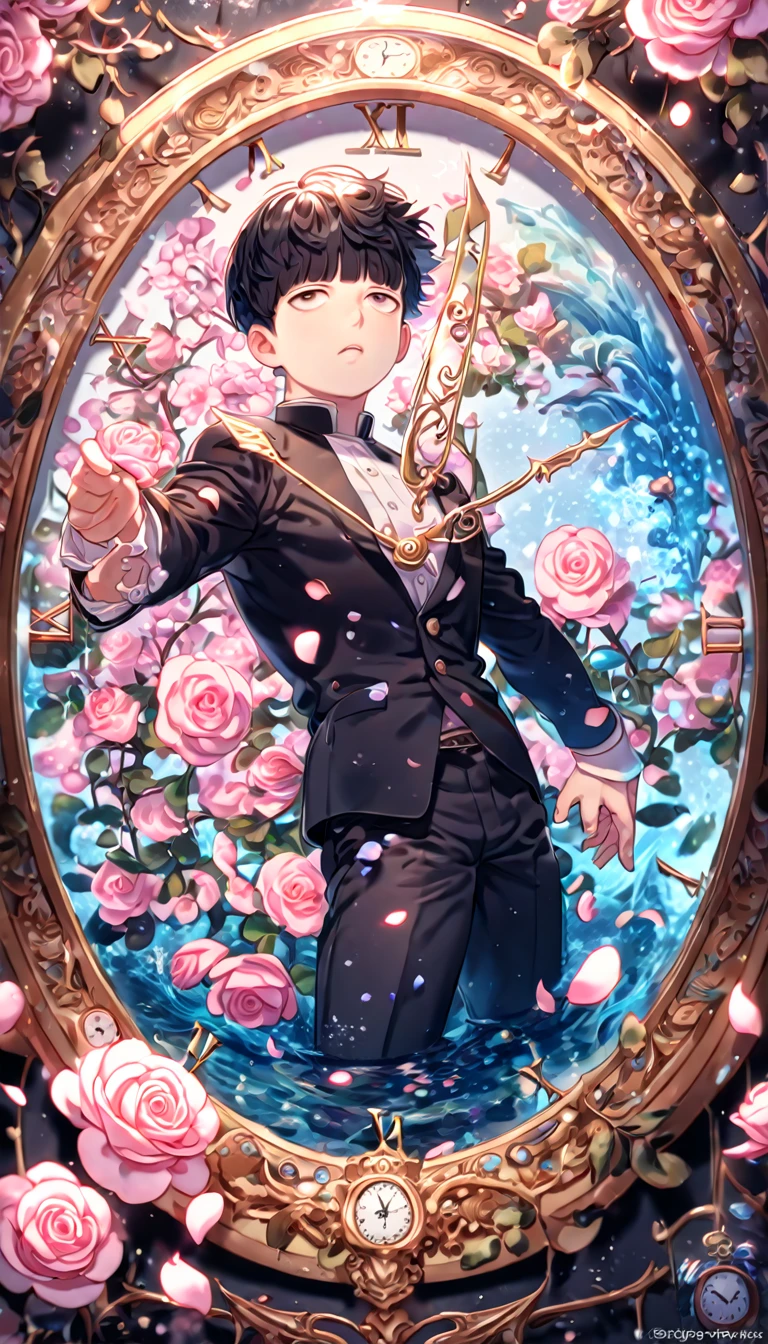 absurdres, highres, ultra detailed, HDR, masterpiece, extremely detailed, Kageyama Shigeo, black hair, expressive brown eyes, Mob Psycho 100, solo, sexy man, handsome, sensual, black uniform, water, magical, fantasy, glittering, shining, pink roses, blossoms, petals, in woderland, clock, manly man, close up
