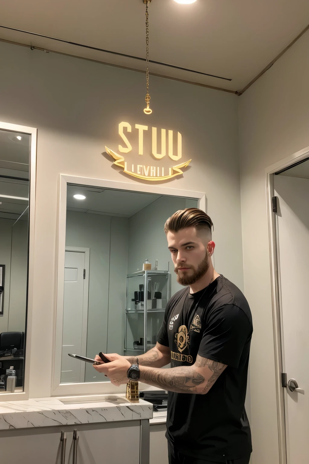 Logo for my barbershop called "Level Up Studio" with a golden knife and white colors