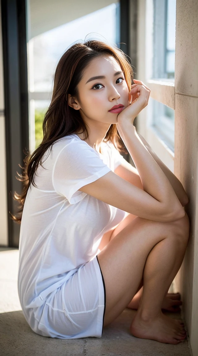 Dark brown hair、Light brown eyes、Japanese actress、 Lady、I am about 40 years old...、(Intricate details:1.2)、(Which is higher???:1.4)、 (Ultra-high resolution:1.2)、Ultra-high resolution、(fine adjustment)、(Detailed facial features)、Hmph、8k解像度、D cup size breasts、Long Hair、Large windows、Extravagant space、relax、、,Full body photo、Head to toe shot、Beautiful feet、Camisole dress、Beautiful feet、A refreshing room filled with sunlight、she, household items, (plant:0.8), Fashion Hub, Extremely detailed, Very detailed, Realistic, Hourglass Shaped Body, Obscene pose,、、私 cry a lot、tears、person on the left、White wall、White floor、diagonally from below、please lift your chin、テーブルの上にsit、relaxした表情、Pose of Weakness、(auraroid photo:1.2)、From outside the window、Transparent painting、8k、32K、Highest quality、(Details of both eyes)、1 girl、elegant、(Loose Fit T-Shirt :1.4)、sunset、sit、(Low - Angle、From what angle are you looking at this??:1.2)、Hilarious、Leaning against a wall、sheは体を片側に傾けて胸の谷間を露わにする.、