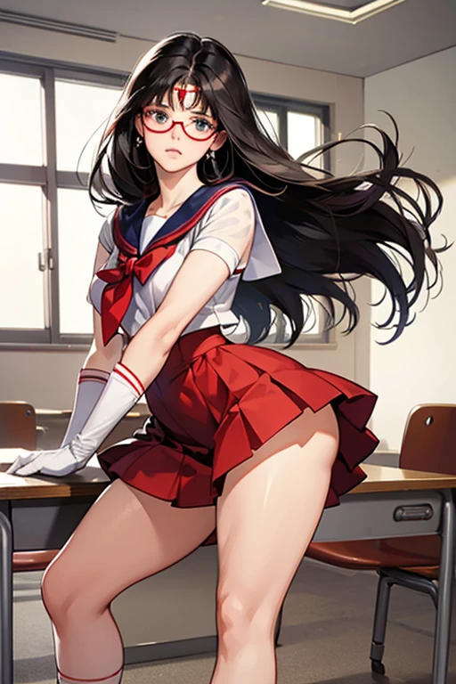 A dark-haired, freckled, glasses-wearing mature woman dressed as Sailor Mars in white gloves and red high heels, wearing a displeased expression in the classroom Thick eyebrows