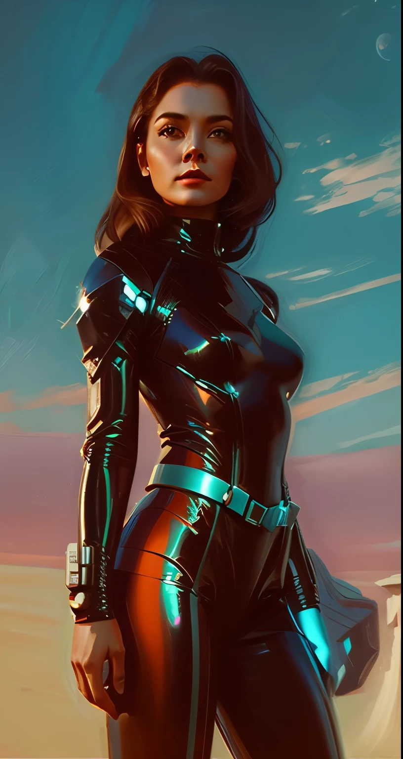 space woman standing on the edge of horizon looking at the viewer, sci fi art style of the masters,