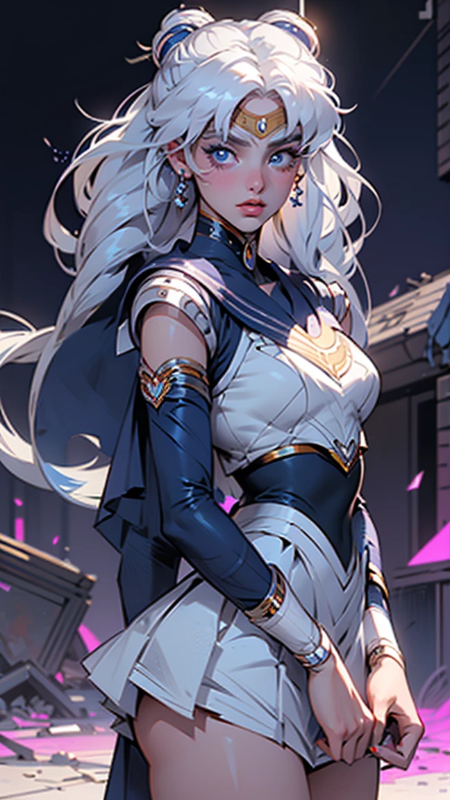 (La Best Quality,A high resolution,Ultra - detailed,actual),Ariana Grande is sailor moon Luna,ripped tight top,(white miniskirt inside), (background city apocalyptic destroyed building), 8K more detailed.unreal engine:1.4,HD,La Best Quality:1.4, photorealistic:1.4, skin texture:1.4, masterpiece:1.8,first work, Best Quality,object object], (detailed facial features:1.3),(The correct proportions),(Beautiful blue eyes), (cowboy pose), (vestuario colegiala sexy white sailor moon moon:1.4), (white gray hair:1.4), (sailor moon moon:1.4), ,( cyberpunk 2.1), (sailor moon moon V2.1), (Face details: 1.5, bright blue eyes, beautiful face, pretty eyes, Iris contour, thin lips: 1.5, delgado, pale and sharp eyebrows, long, dark eyelashes, double eyelashes),(bright colors)