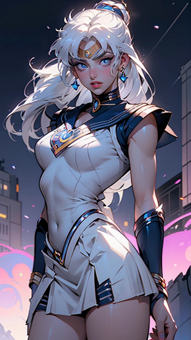 (La Best Quality,A high resolution,Ultra - detailed,actual),Ariana Grande is sailor moon Luna,ripped tight top,(white miniskirt inside), (background city apocalyptic destroyed building), 8K more detailed.unreal engine:1.4,HD,La Best Quality:1.4, photorealistic:1.4, skin texture:1.4, masterpiece:1.8,first work, Best Quality,object object], (detailed facial features:1.3),(The correct proportions),(Beautiful blue eyes), (cowboy pose), (vestuario colegiala sexy white sailor moon moon:1.4), (white gray hair:1.4), (sailor moon moon:1.4), ,( cyberpunk 2.1), (sailor moon moon V2.1), (Face details: 1.5, bright blue eyes, beautiful face, pretty eyes, Iris contour, thin lips: 1.5, delgado, pale and sharp eyebrows, long, dark eyelashes, double eyelashes),(bright colors)