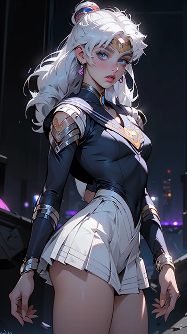 (La Best Quality,A high resolution,Ultra - detailed,actual),Ariana Grande is sailor moon Luna,ripped tight top,(white miniskirt inside), (background city apocalyptic destroyed building), 8K more detailed.unreal engine:1.4,HD,La Best Quality:1.4, photorealistic:1.4, skin texture:1.4, masterpiece:1.8,first work, Best Quality,object object], (detailed facial features:1.3),(The correct proportions),(Beautiful blue eyes), (cowboy pose), (vestuario colegiala sexy white sailor moon moon:1.4), (white gray hair:1.4), (sailor moon moon:1.4), ,( cyberpunk 2.1), (sailor moon moon V2.1), (Face details: 1.5, bright blue eyes, beautiful face, pretty eyes, Iris contour, thin lips: 1.5, delgado, pale and sharp eyebrows, long, dark eyelashes, double eyelashes),(bright colors)