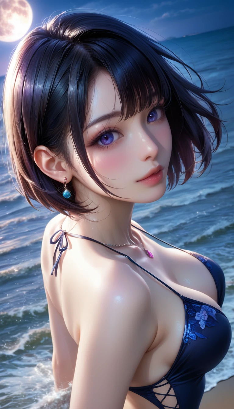 score_9, score_8_superior, score_7_superior, A masterpiece in 32K resolution,Highest quality,it is really amazing,Very detailed,Ultra-high resolution,Ultra-realistic,Realistic,Increased depth of field,Cinematic lighting,
Elegant Japanese woman,
Black bob cut short hair,Ultra-detailed and beautiful face,Gentle expression,Translucent white skin,Realistic skin texture,
Sexy Swimwear,
Bold design,Artistic design,Beautiful and detailed pattern,Detailed fabric texture,
Gorgeous necklace,Earrings,
Coastline at night,Giant Moon,Dark clouds floating in the dark night sky,
High angle,