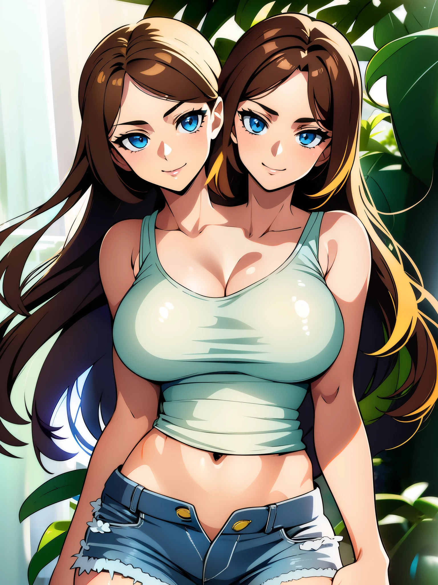 (highest quality, amazing details: 1.25), large breasts, detailed eyes, detailed face, (2heads:1.5), 1girl, anime girl with two heads, tan brown hair color, light blue eyes, seductive, sexy woman, beautiful, ((white tank top)), smiling, exposed midriff, denim jeans