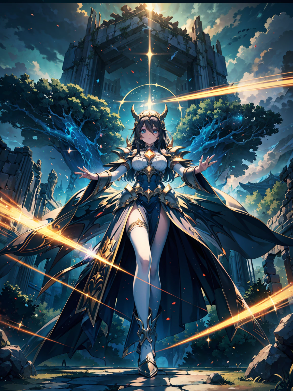 Full body shot of a fearless paladin with unparalleled beauty, featuring long, dark hair and striking blue eyes. She wears intricately designed draconic armor that glimmers with a mystical aura. Her armor is adorned with dragon scales and ornate patterns, giving it both an imposing and elegant appearance. In her hand, she wields a magnificent sword, the blade shimmering with a divine light, etched with runes of power. She stands in a majestic, celestial landscape, with radiant light filtering through the clouds, casting a holy glow upon her. The ground beneath her is a mix of ancient stones and sacred symbols, glowing softly as if infused with holy energy. Surrounding her are ethereal figures in shades of gold and white, their presence adding to the divine ambiance. The background features towering, ancient ruins and magnificent, skyward-reaching structures, hinting at a grand, heavenly stronghold. The scene is inspiring and powerful, with her face showing a serene yet determined expression, her eyes locked onto her noble mission.

[Best quality], [Masterpiece], [Ultra-detailed], [4k], {inspiring|majestic} atmosphere, celestial landscape, {dynamic pose|noble stance}, radiant illumination, {soft shadows|divine lighting}, {glowing ancient stones:0.7}, {ethereal figures:0.6}, {heavenly architecture:0.5}, {towering ruins:0.4}, {skyward-reaching structures:0.3}.