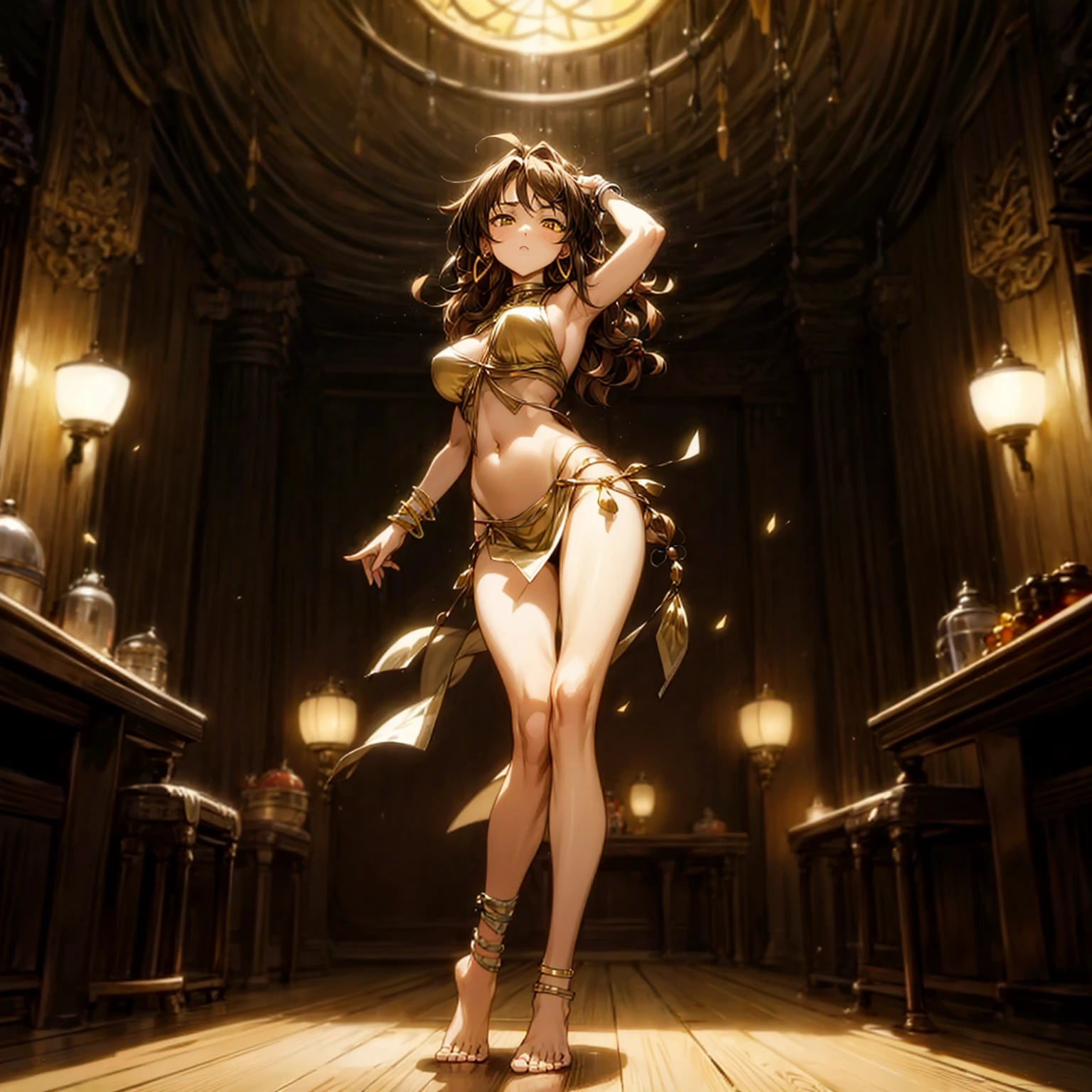 Solo character, full body version, girl, brown hair, long Curly haircut, yellow eyes, hoop earrings, gold bracelets, Belly dance clothing, no shoes, no shock, indoor, bar, (Hunter x Hunter style art), standing gesture, Big breasts, close eyes, detailed background, detailed clothing, detailed hair, detailed face 