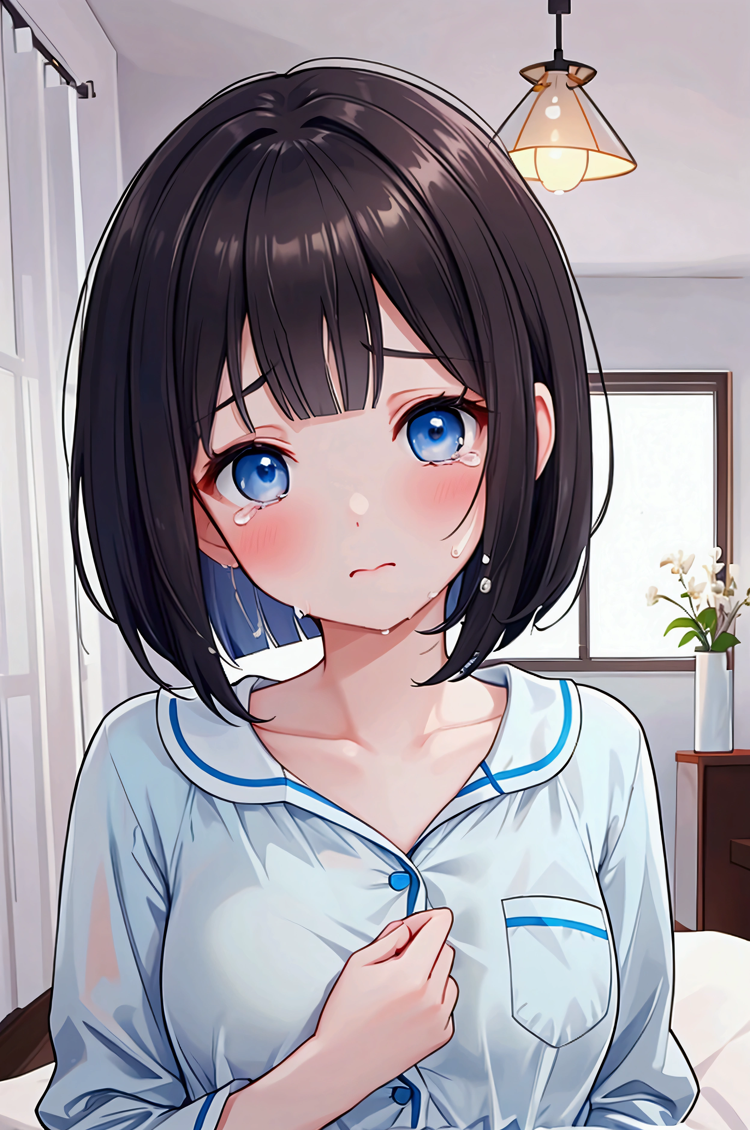 Photorealistic、Highest quality、Highest Resolution、Highest quality、16K、A beautiful woman who looks like she's about to cry、Cute face、Delicate face、sad、Bob cut hair、Dark Hair Color、Pale blue eyes、Beautiful breasts、Inside the house、pajamas、