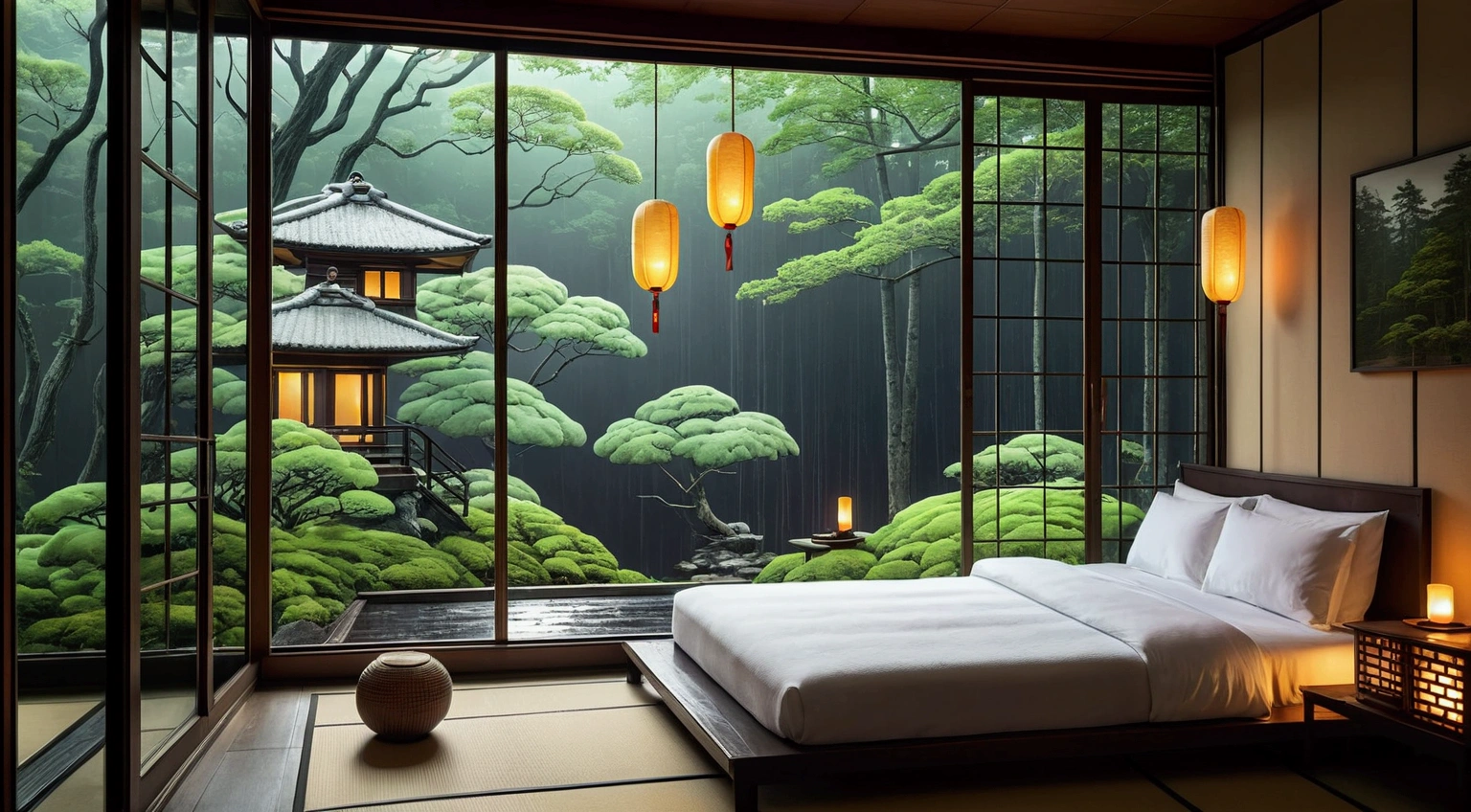 bed in bedroom next to window, image, inspired by Gregory Crewdson, digital art, Japanese onsen, tranquil forest night view, balcony, late summer evening