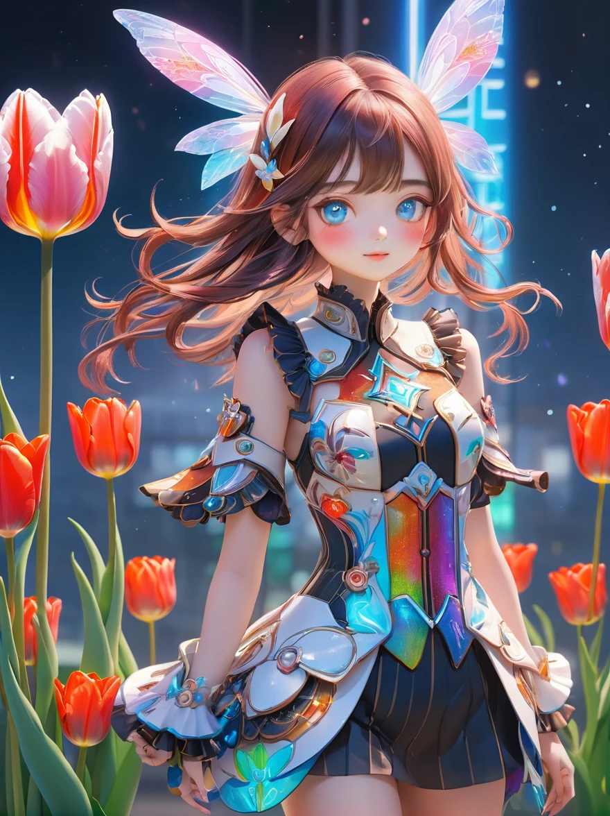 (3D，Mechanical feel，cute，ais-scrapyrd 1girl，tulip)，(使用广角镜头拍摄whole body图像:1.9)，(masterpiece:1.1)，(Highest quality:1.1)，(HDR:1.0)，Ambient Light，Ultra high quality，(Ultra-detailed original illustrations)，(1 Girl，whole body)，(彩虹tulip花裙)，(Slender thighs)，(由tulip花朵制成的鞋子: 1.5)，((Harajuku Fashion))，((Flowers with human eyes，Eye disease))，Double Exposure，Fusion of Fluid Abstract Art，Fault，(Original illustration composition)，(Limited color blending，Extreme art style，Geometric artstyle), , Colorful neon lights，High-tech mechanical parts，Metal body，(详细的振金tulip花朵设计:1.9)，Vibrant colors，动态发光tulip花朵，Reflective metal surface，Bright environment，Dynamic poses，Exquisite existence，Skills Improvement，Interlocking mechanical gears，Stylish design，motion blur effect，Detailed metal treatment，Sci-fi atmosphere，Streamlined aerodynamic shape，Laser scanning pattern，Holographic projection，LED light track，Beautiful and unforgettable，Advanced sensors，Complex algorithms，Ominous and mysterious atmosphere，Electric Spark，Shiny chrome，Propulsion systems of the future，(Best quality，8k，high resolution，masterpiece:1.2)，Super detailed，(whole body:1.8), magazine photography，一个cute的女孩形象，Popular on social platforms，((Dopamineism))，(((Dopamine color matching)))，Dopamine，(in the style of Y2K)，Luo Erchun，3D古风，Oriental poetry and painting