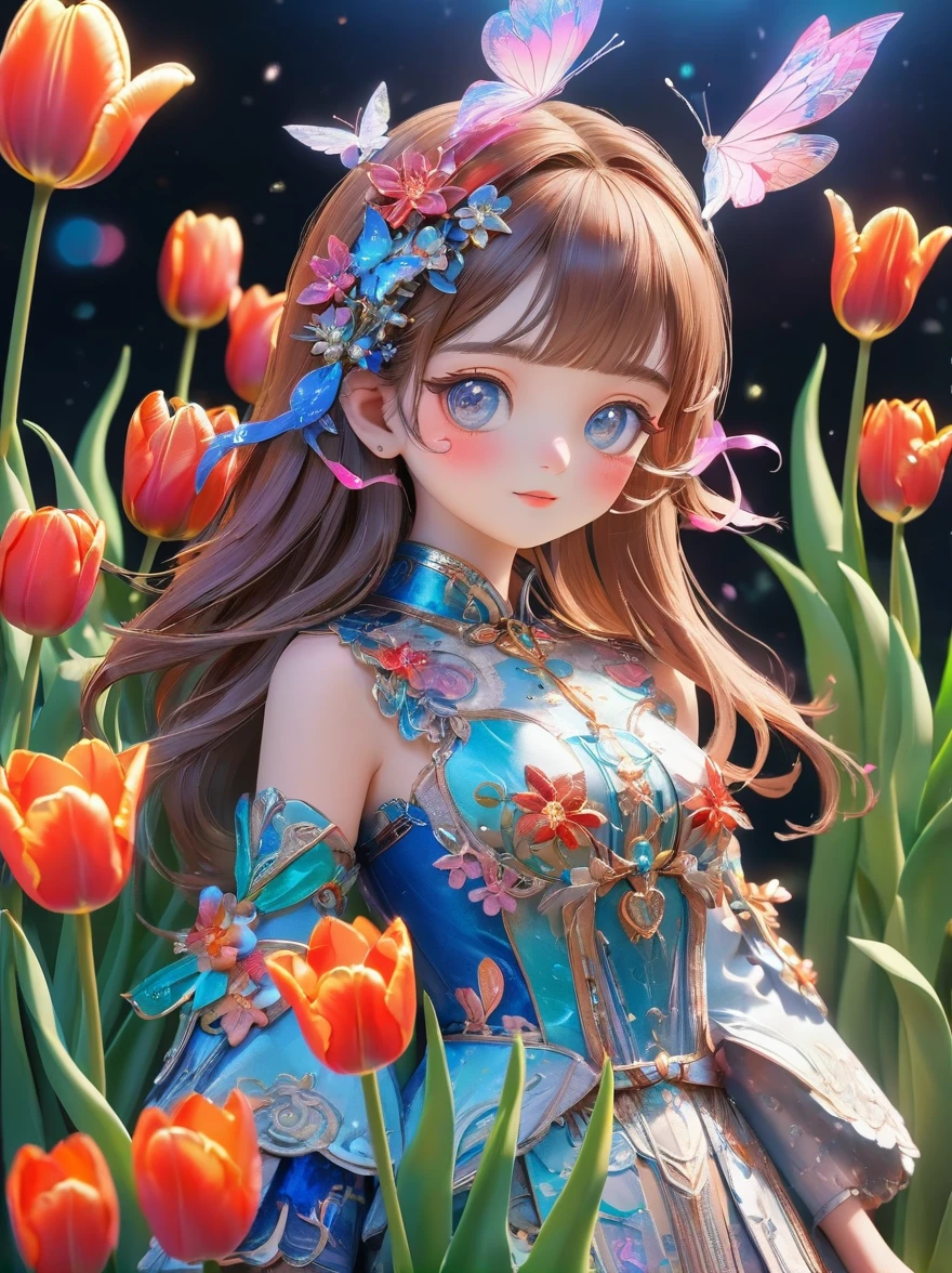 (3D，Mechanical feel，cute，ais-scrapyrd 1girl，tulip)，(使用广角镜头拍摄whole body图像:1.9)，(masterpiece:1.1)，(Highest quality:1.1)，(HDR:1.0)，Ambient Light，Ultra high quality，(Ultra-detailed original illustrations)，(1 Girl，whole body)，(彩虹tulip花裙)，(Slender thighs)，(由tulip花朵制成的鞋子: 1.5)，((Harajuku Fashion))，((Flowers with human eyes，Eye disease))，Double Exposure，Fusion of Fluid Abstract Art，Fault，(Original illustration composition)，(Limited color blending，Extreme art style，Geometric artstyle), , Colorful neon lights，High-tech mechanical parts，Metal body，(详细的振金tulip花朵设计:1.9)，Vibrant colors，动态发光tulip花朵，Reflective metal surface，Bright environment，Dynamic poses，Exquisite existence，Skills Improvement，Interlocking mechanical gears，Stylish design，motion blur effect，Detailed metal treatment，Sci-fi atmosphere，Streamlined aerodynamic shape，Laser scanning pattern，Holographic projection，LED light track，Beautiful and unforgettable，Advanced sensors，Complex algorithms，Ominous and mysterious atmosphere，Electric Spark，Shiny chrome，Propulsion systems of the future，(Best quality，8k，high resolution，masterpiece:1.2)，Super detailed，(whole body:1.8), magazine photography，一个cute的女孩形象，Popular on social platforms，((Dopamineism))，(((Dopamine color matching)))，Dopamine，(in the style of Y2K)，Luo Erchun，3D古风，Oriental poetry and painting