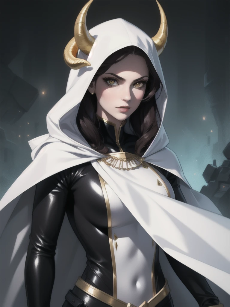 portrait, masterpiece, excellent quality, 1 girl, Alone, Complex details, color diffusion, Prince, White skin, women, by white, by white, gold eyes, epic outfit, assin suit, Covered, Cloak, hooded, daggers, Awesome, trends, Prince Demonio, anti-hero, young, Science fiction, fancy, capa negra by white, With horns. black suit