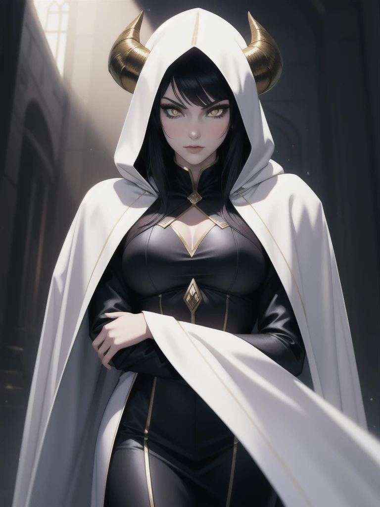 portrait, masterpiece, excellent quality, 1 girl, Alone, Complex details, color diffusion, Prince, White skin, women, by white, by white, gold eyes, epic outfit, assassin suit, Covered, Cloak, hooded, daggers, Awesome, trends, Prince Demonio, anti-hero, young, Science fiction, fancy, capa negra by white, With horns. black suit 