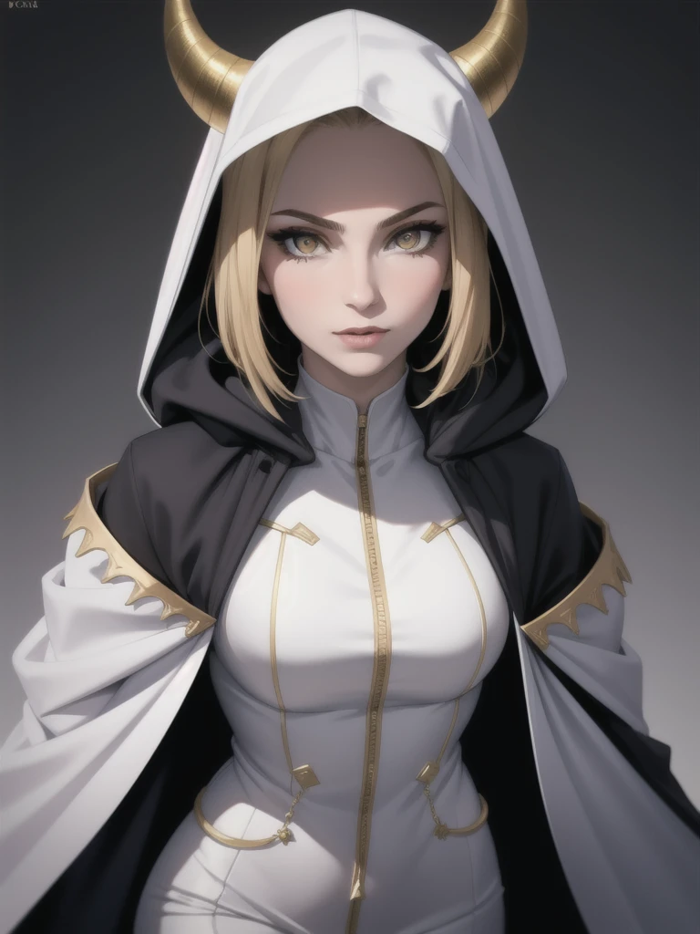 portrait, masterpiece, excellent quality, 1 girl, Alone, Complex details, color diffusion, Prince, White skin, women, by white, by white, gold eyes, epic outfit, assassin suit, Covered, Cloak, hooded, daggers, Awesome, trends, Prince Demonio, anti-hero, young, Science fiction, fancy, capa negra by white, With horns. black suit