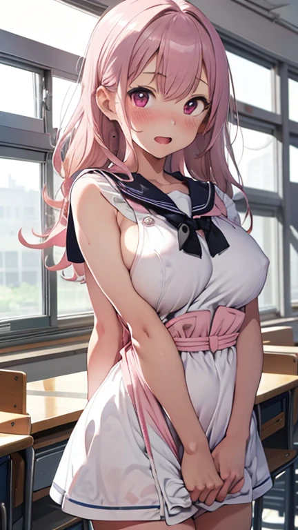 mastute piece,Best Quality,insanely detailed,8k cg,nsfw,
(shoot upper body:1.3),
(1girls:1.3),standing,looking at viewr,body in front,(arms behind back:1.4),(sailor suit:1.2,apron:1.2),break,
blush,shy,(ecstasy face),(trembling:1.2),break,(light pink hair:1.3),
break,
perfect breasts,perfect teats,(open mouth:0.9),(large breasts:1.2),
(classroom),