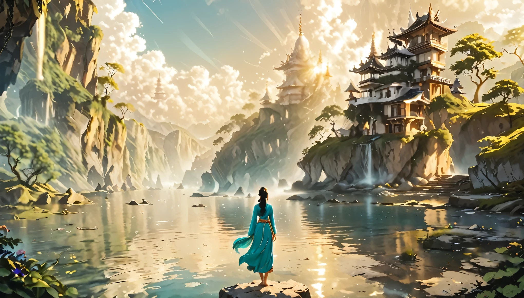 Namaste. Person meditating. Loose Clothes. dreamlike and fantasy world. Feeling of Fullness. details Intricate. cinematic lighting.